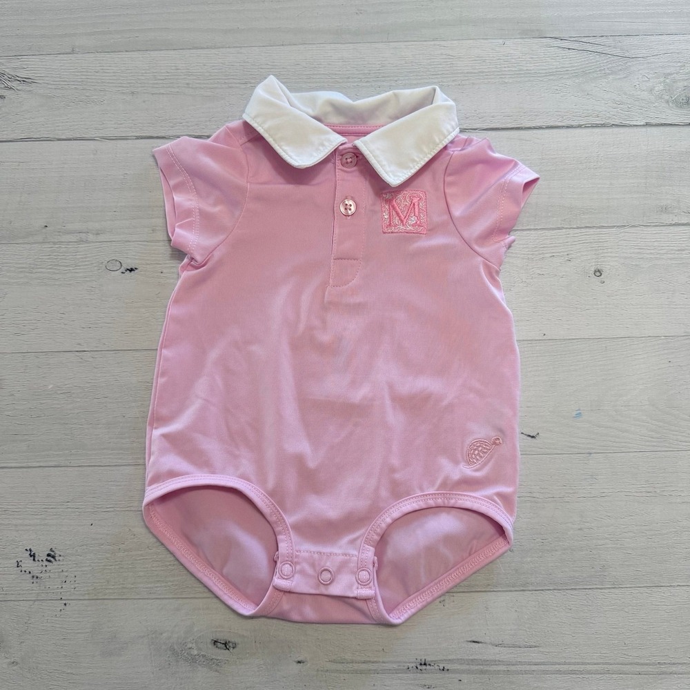 Turtles & Tees baby girls pink polo bodysuit monagramed "M" 3/6 months
